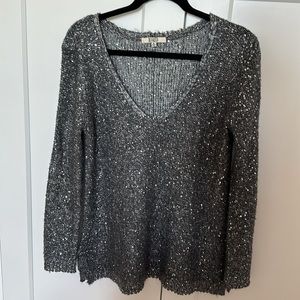 BB Dakota Gunmetal Sparkle V Neck Split back sweater